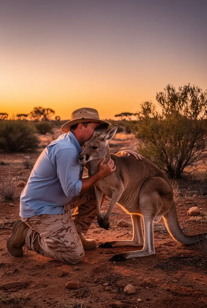 Man hugging a calm kangaroo at sunset in the outback