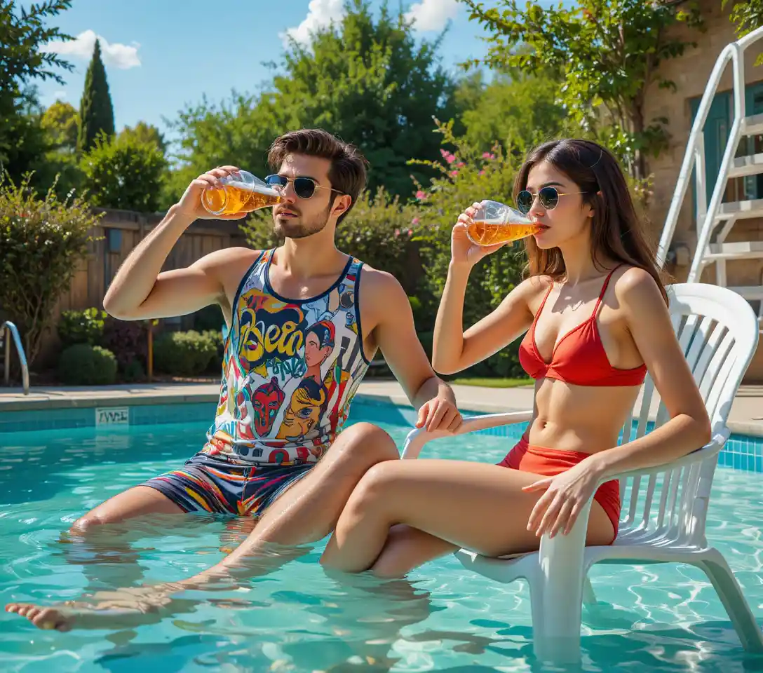 Laughing couple relaxing by a backyard swimming pool