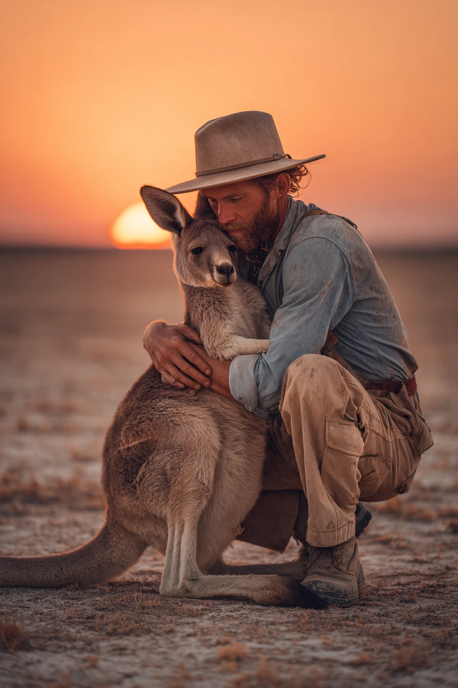 Man gently hugging a calm kangaroo at sunset