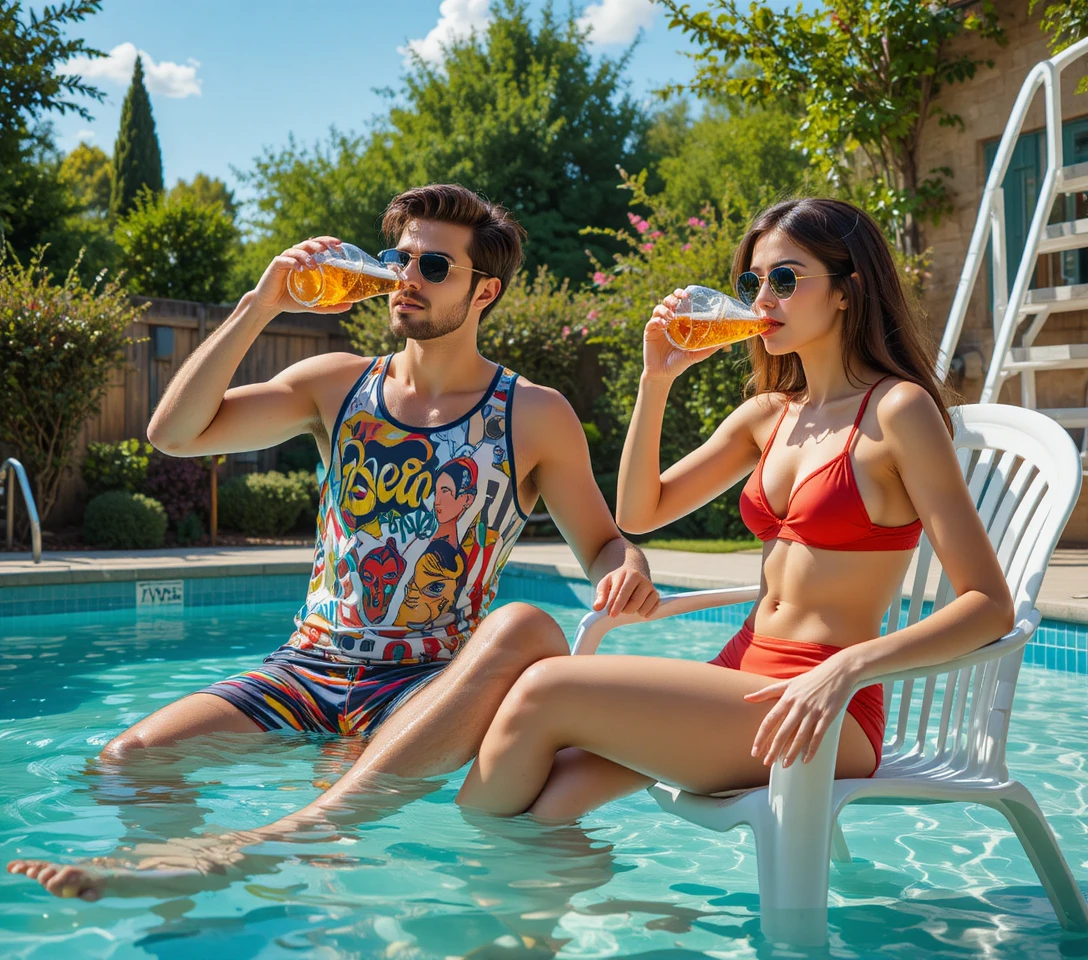 Laughing couple relaxing by a backyard swimming pool