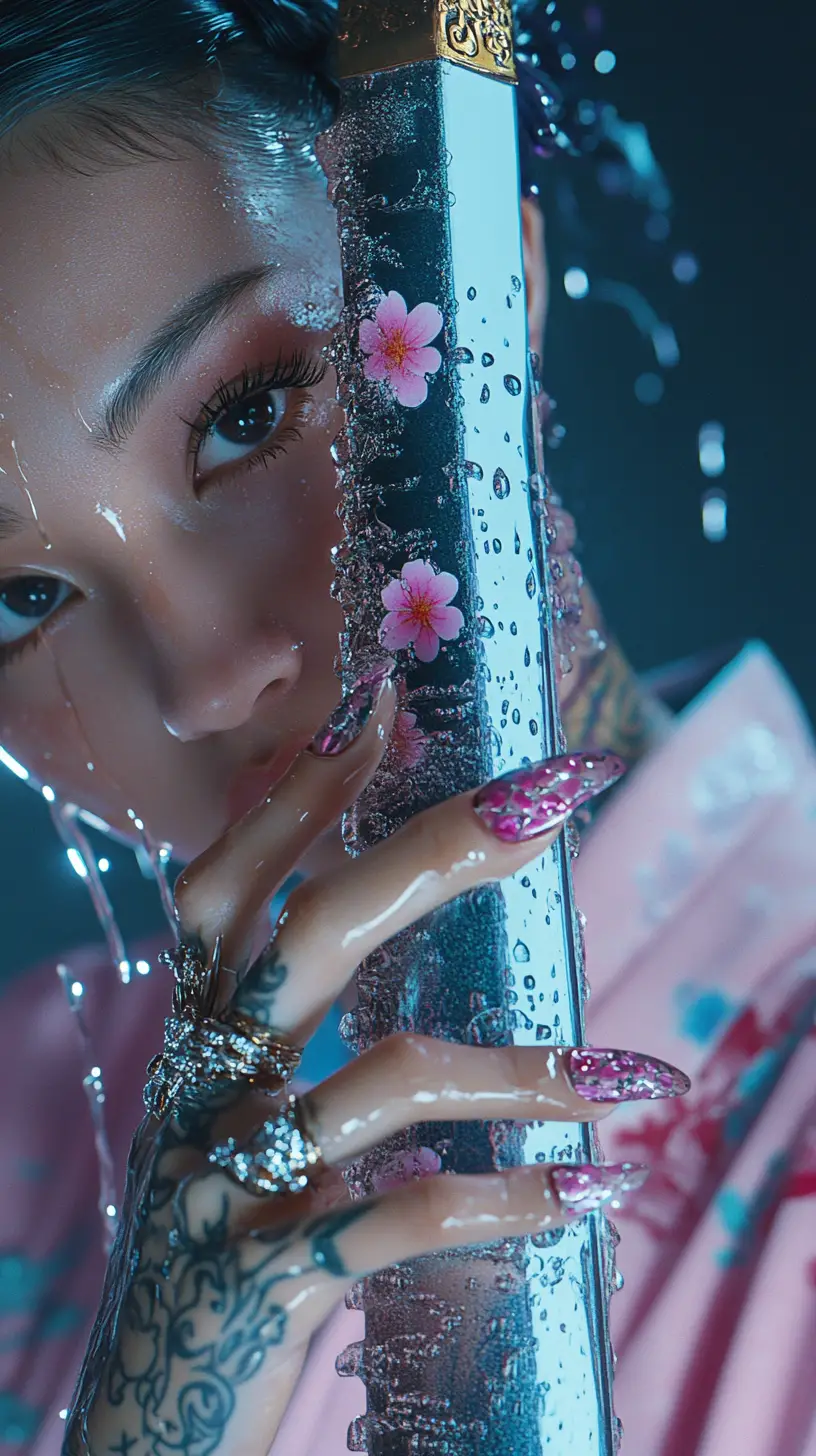 手持華麗武士刀女孩的特寫人像