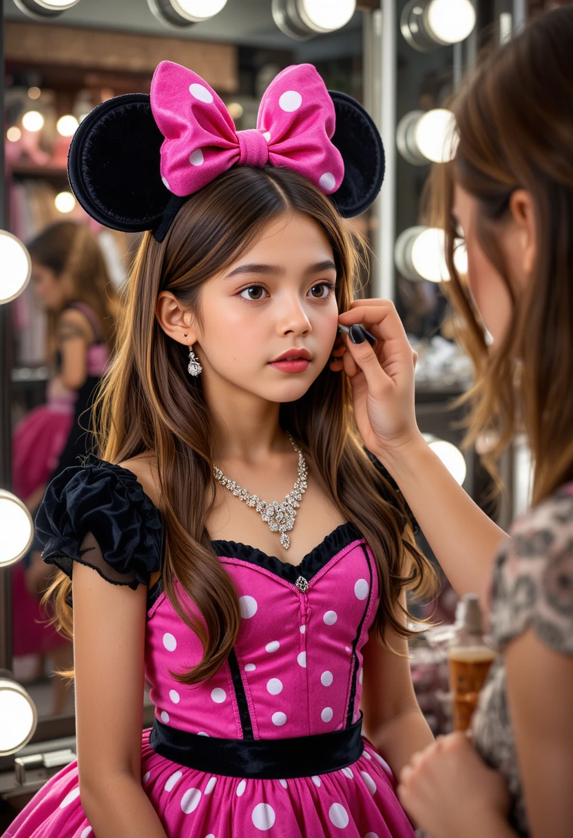 Young boy in pink Minnie dress before a makeup mirror