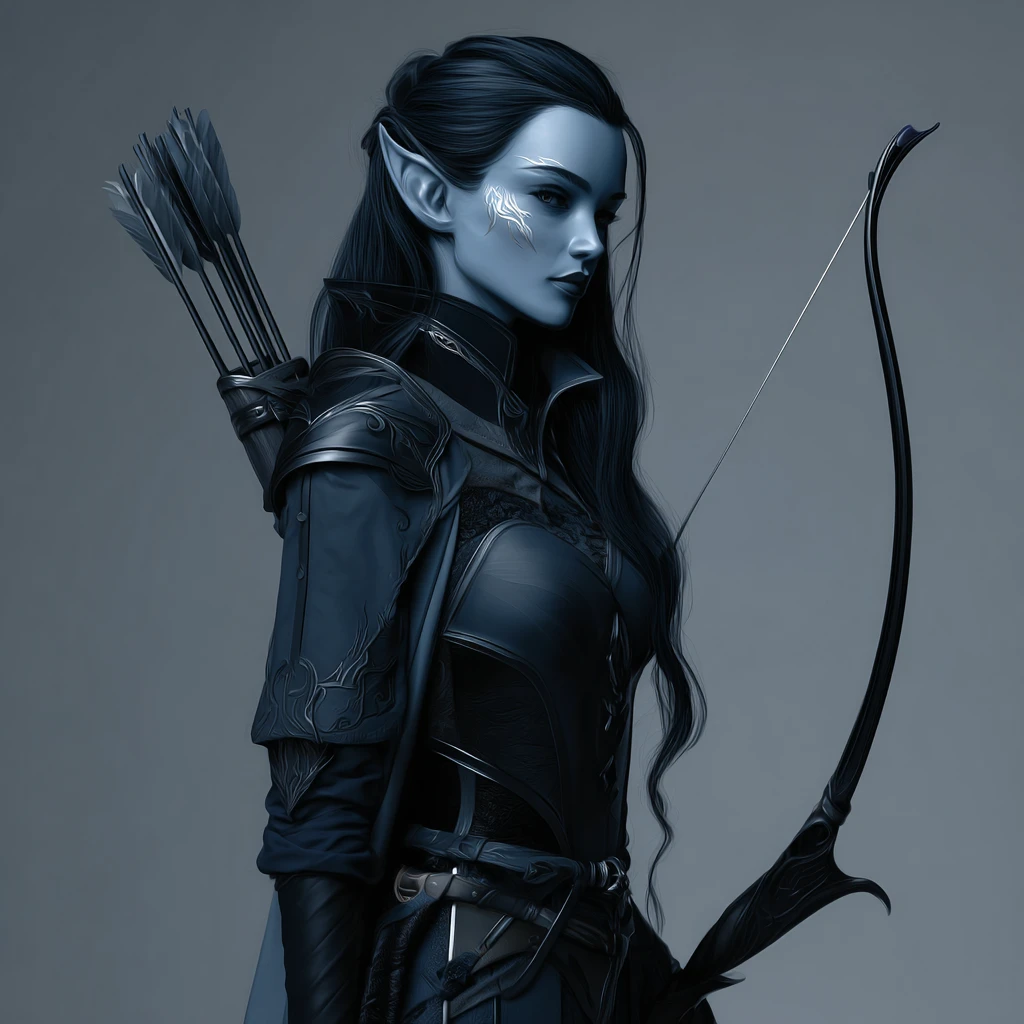 Dark elf warlock with shadowy magical bow ready to strike