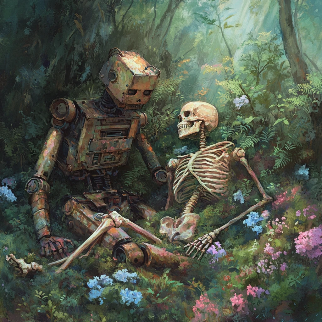 Robot and human skeleton holding hands on mossy forest floor