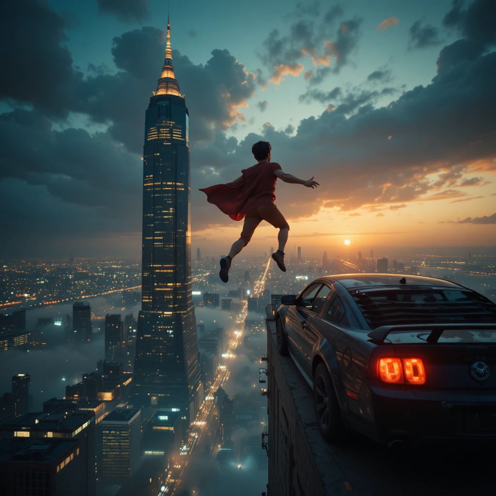 Garoto corajoso escalando um arranha‑céu gigante ao pôr do sol