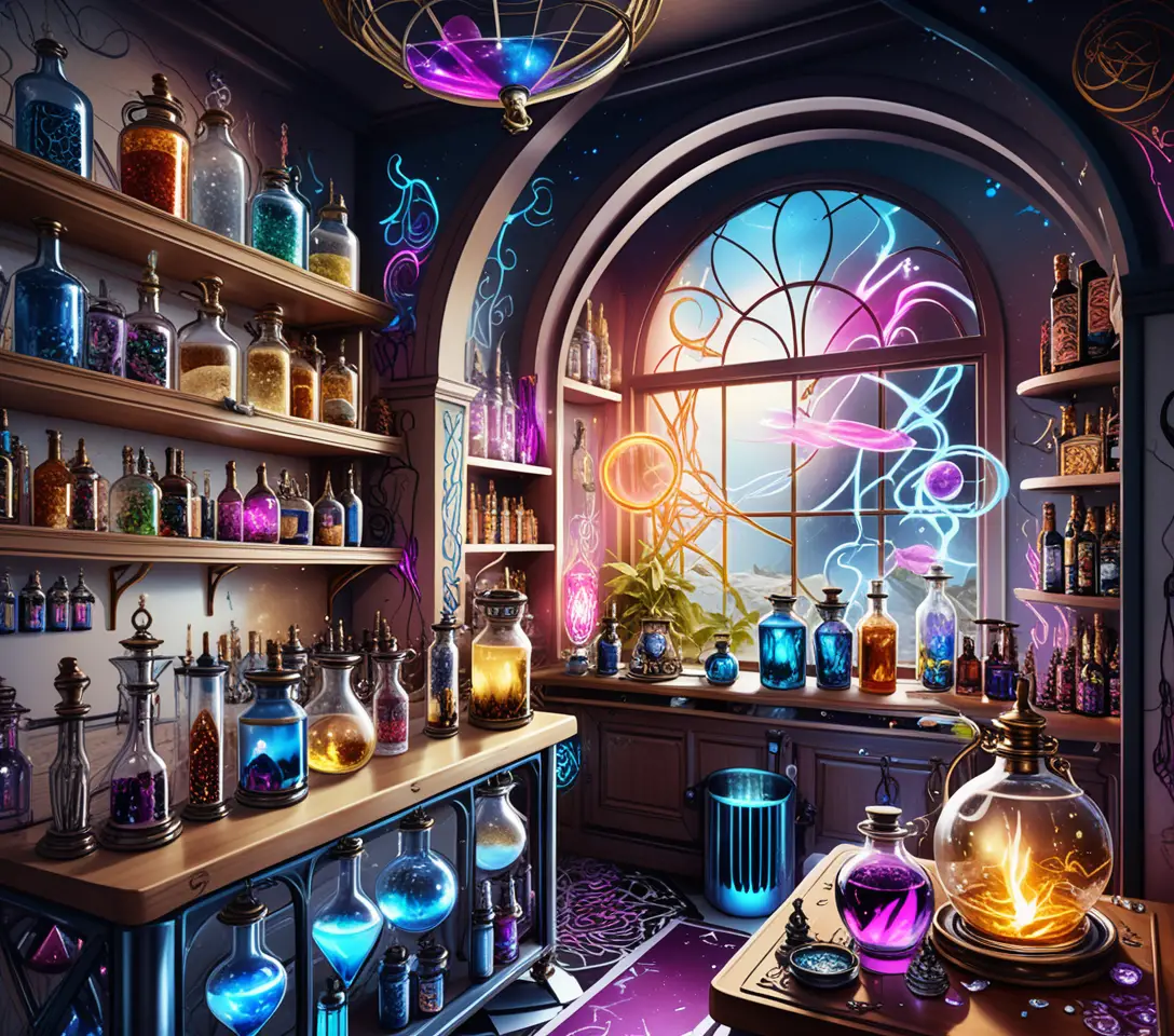 Sonnenlichtdurchflutete Fantasy-Apotheke mit blonder Frau, die Tränke mischt