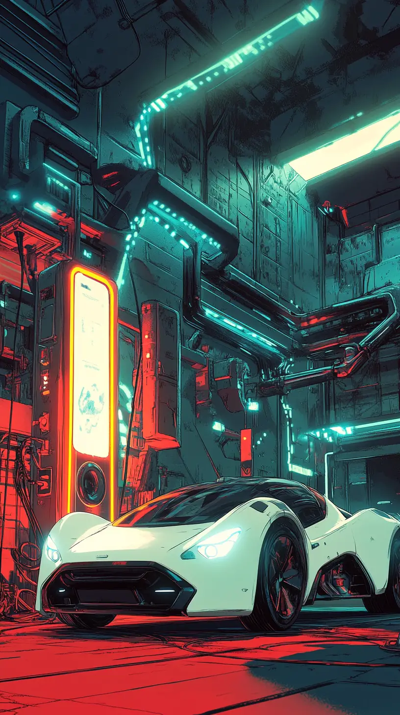 Roboter lädt ein Elektroauto an futuristischer Neon-Ladestation