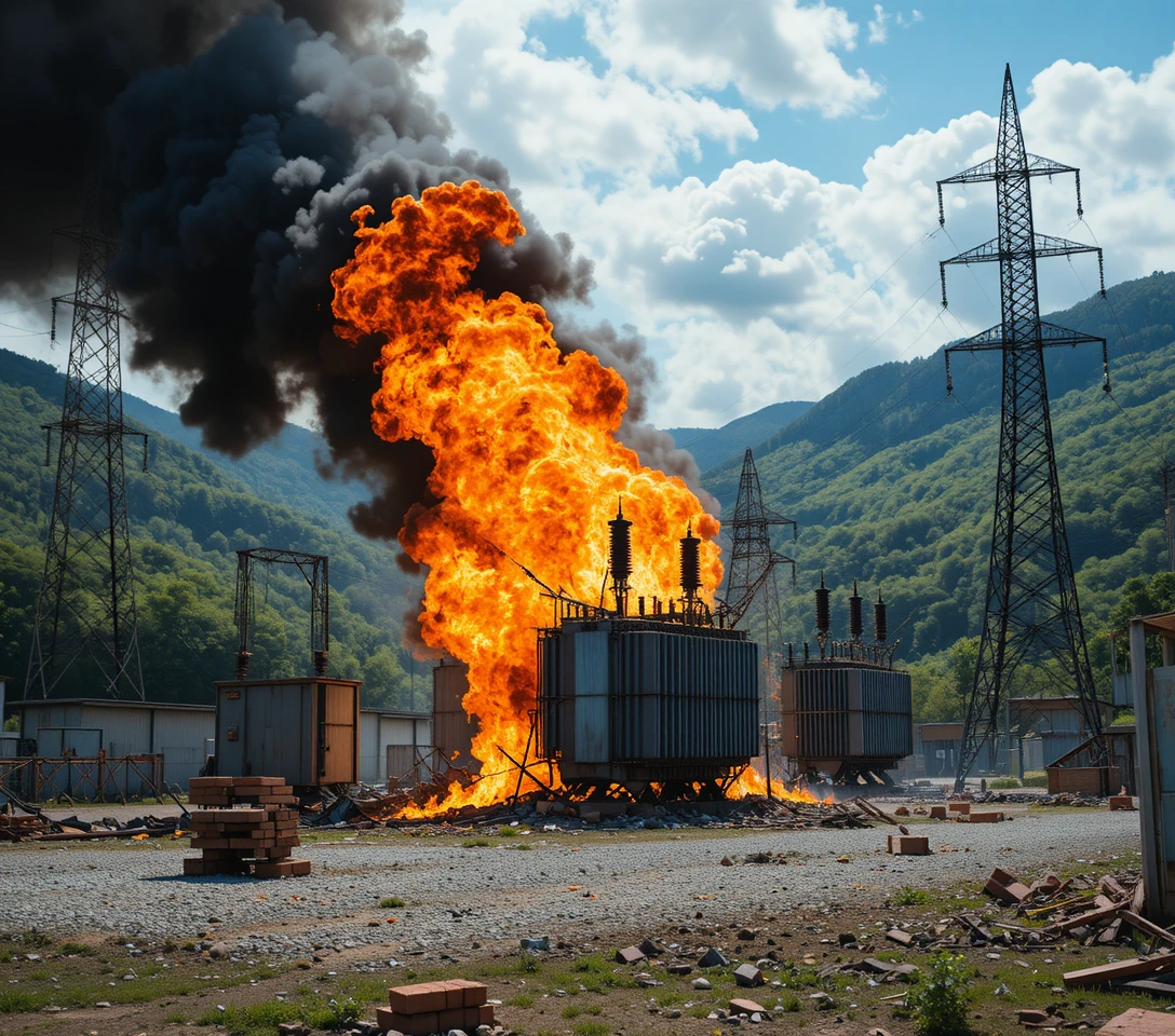 Transformateur électrique en feu dans une sous-station avec épaisse fumée noire