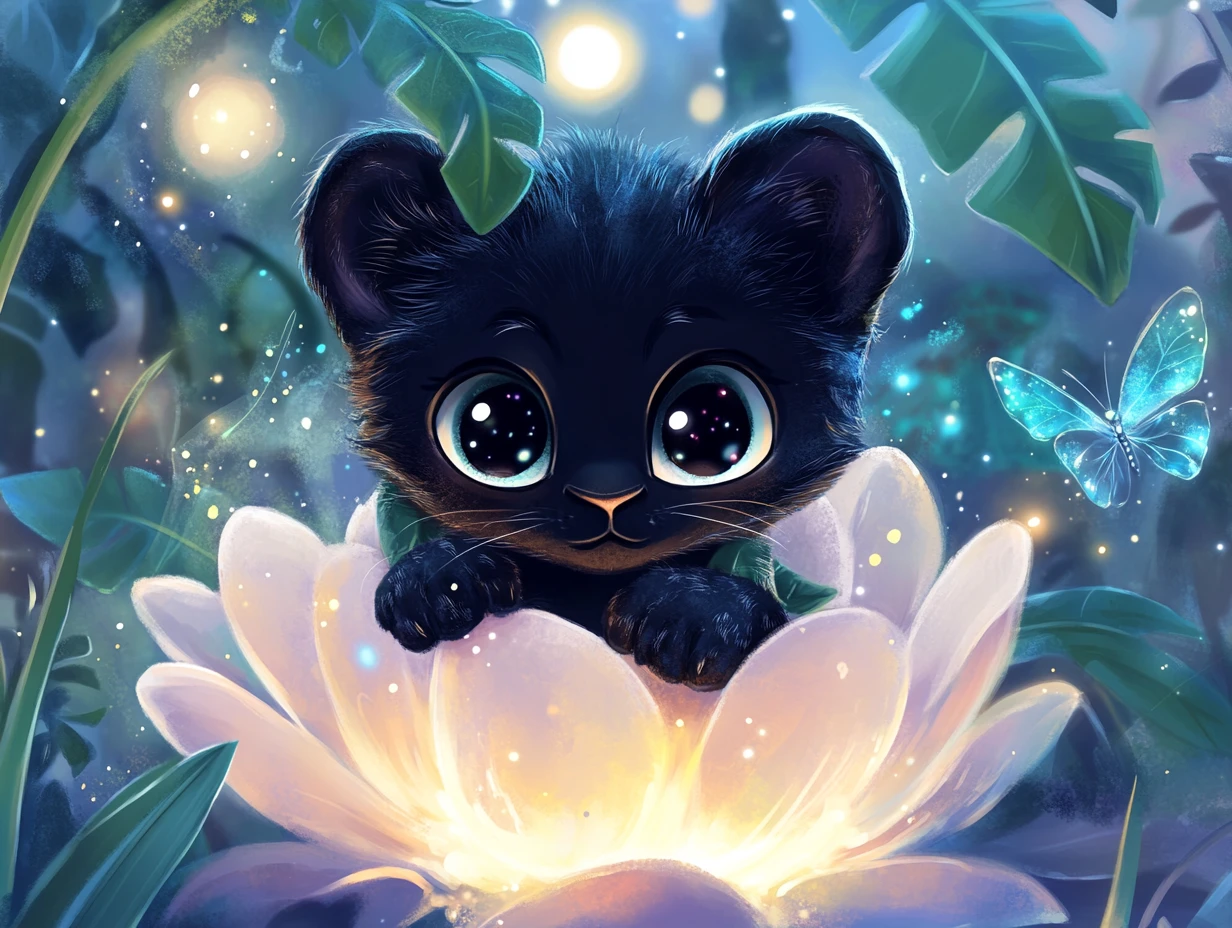 Bébé panthère dans une fleur enchantée lumineuse de nuit