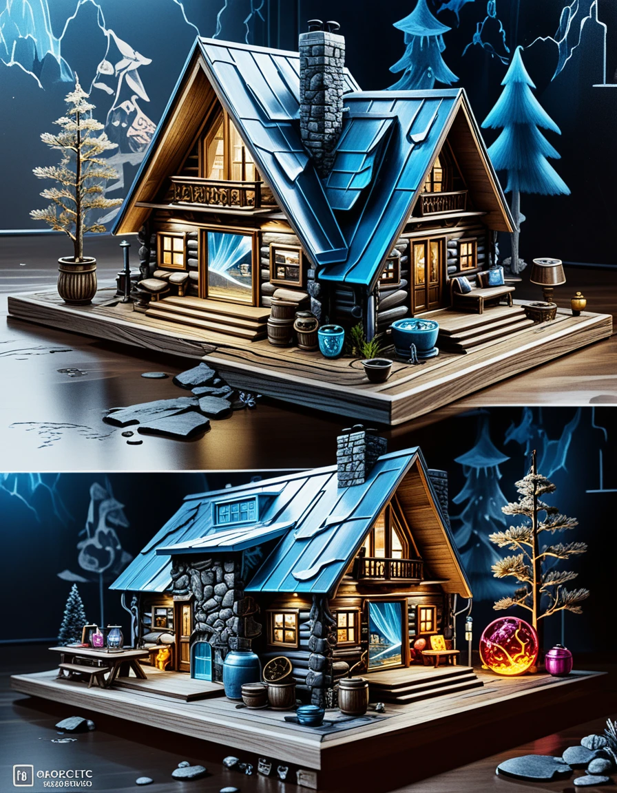 Diorama isométrico de cabaña de montaña tipo A-frame interior y exterior