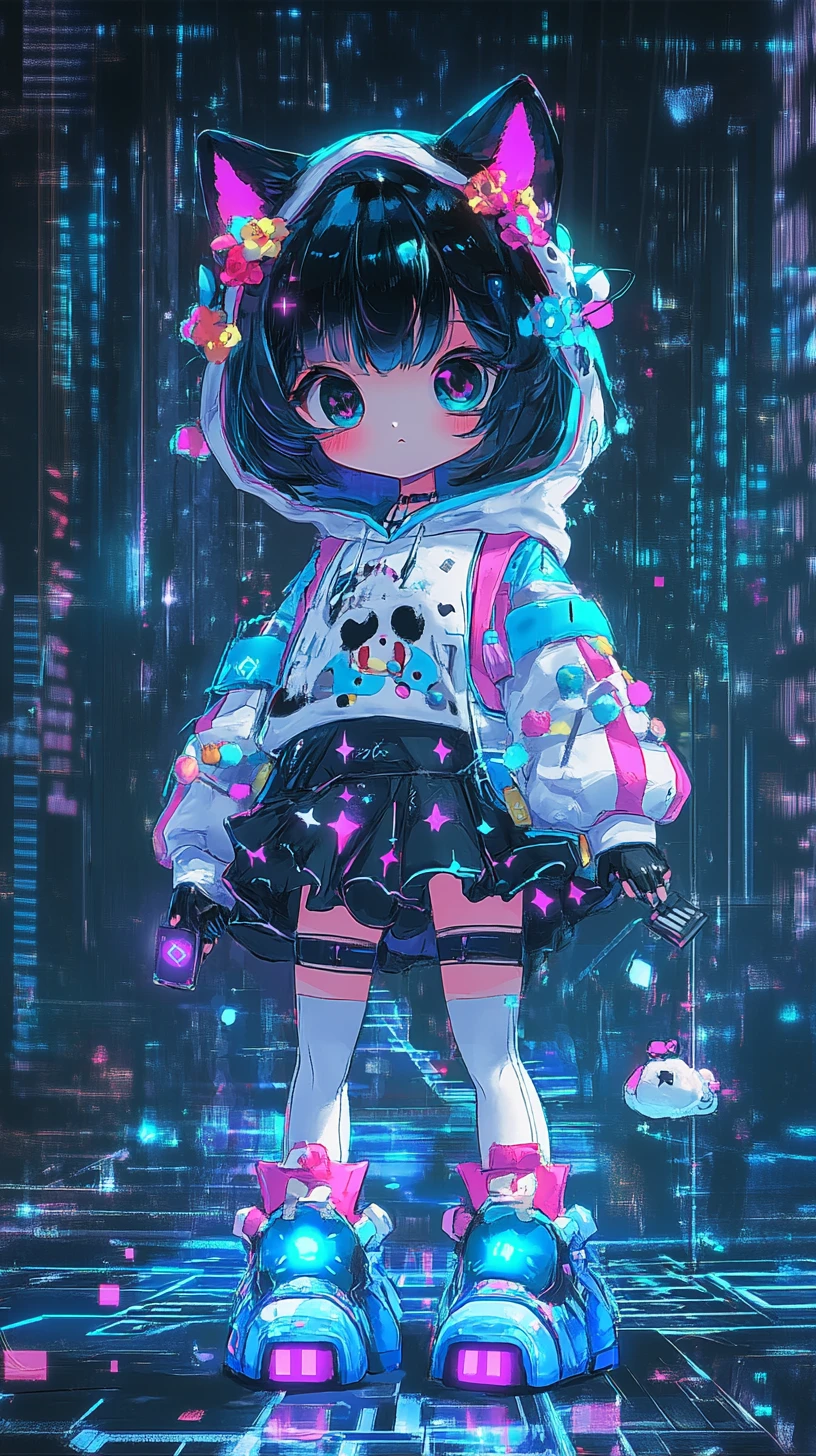 Garota chibi cyberpunk em cena de anime com neon glitch