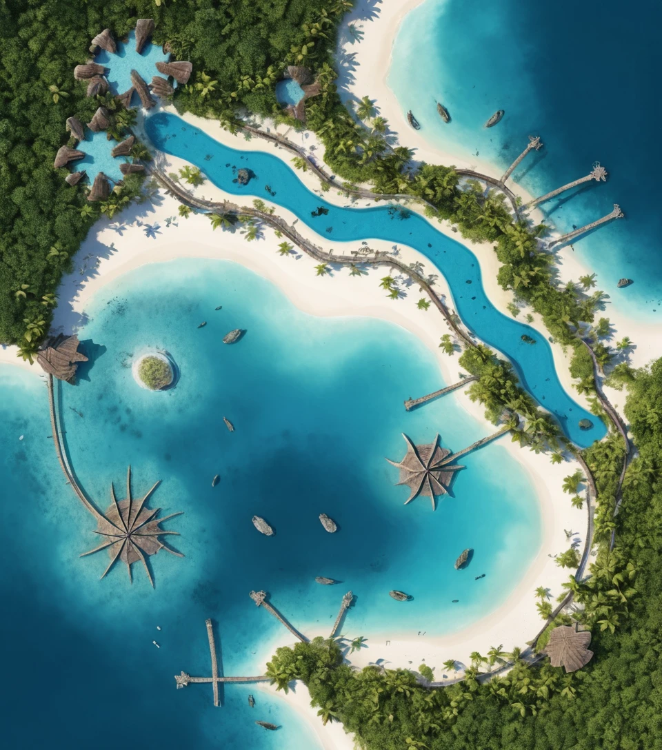 Veduta aerea di un parco acquatico su un atollo tropicale a forma di granchio