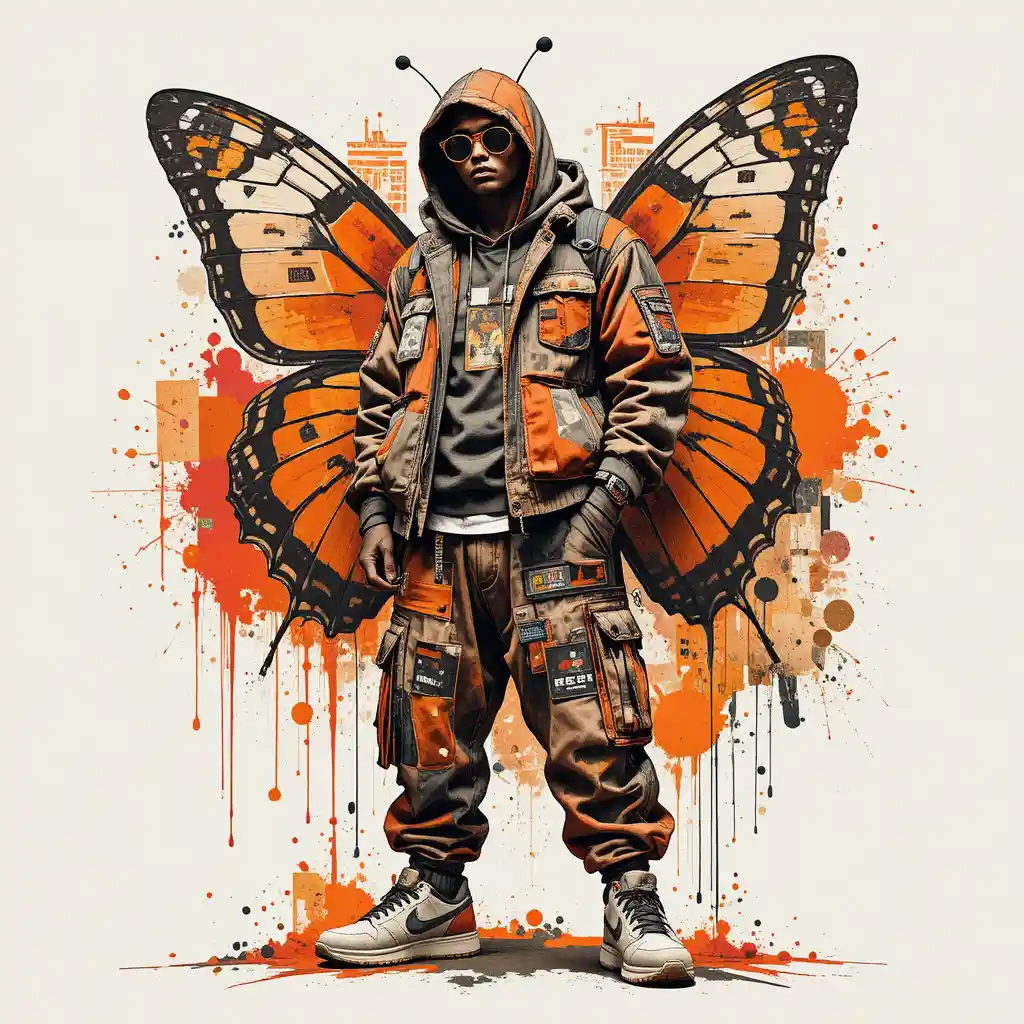Mariposa antropomórfica en una audaz pose de streetwear urbano