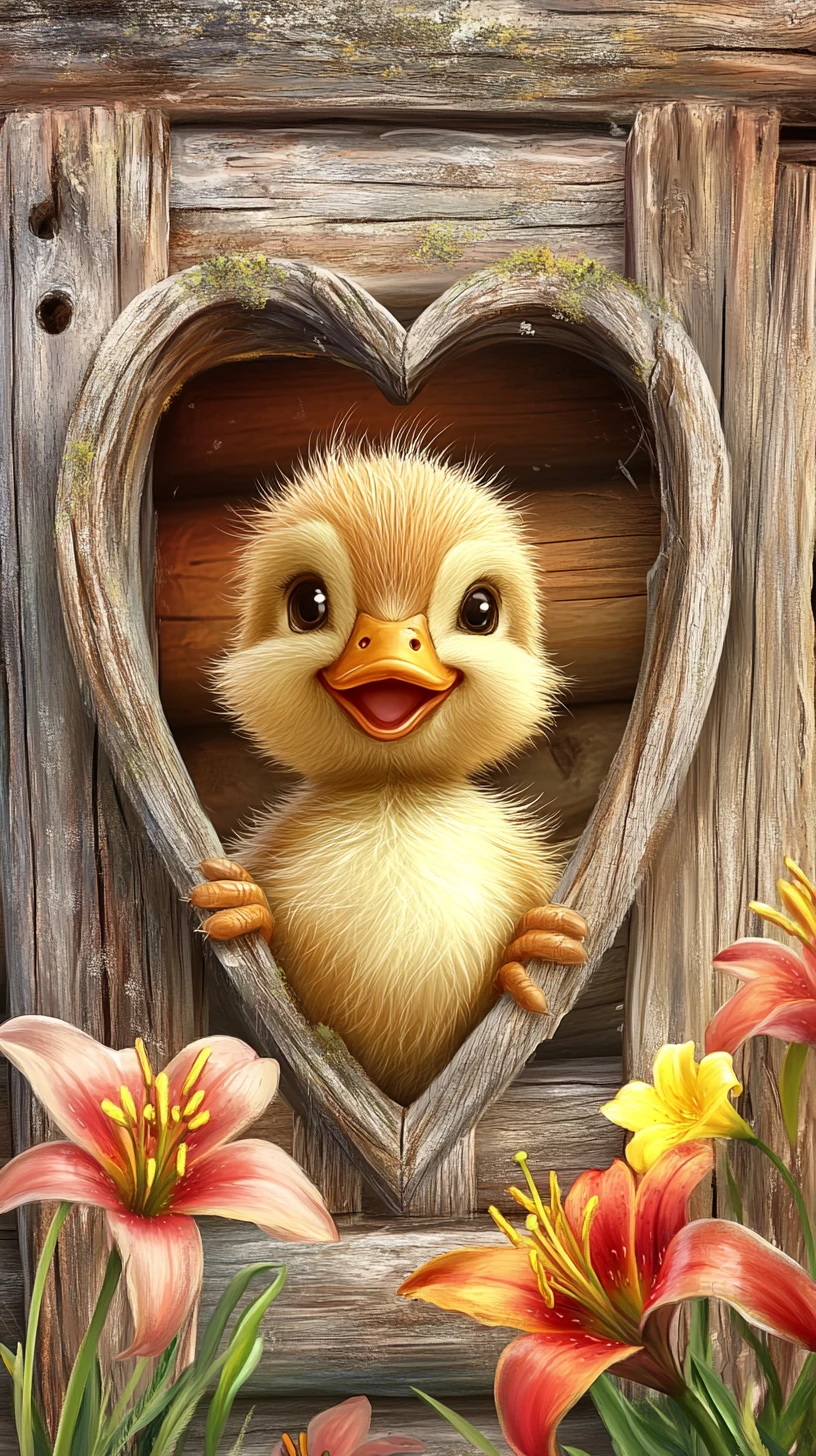 Adorable patito asomado por una ventana en forma de corazón en una cerca de madera