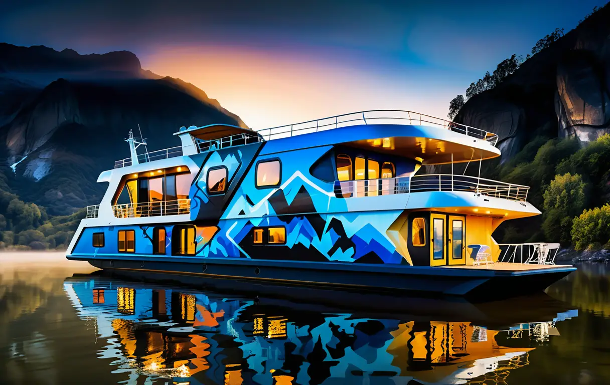 Futuristisches Hausboot, das in der nebligen Bergnacht leuchtet