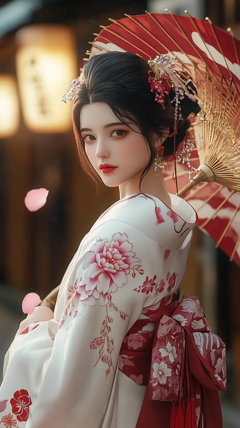 Femme élégante en kimono fleuri sous une ombrelle de fleurs de cerisier