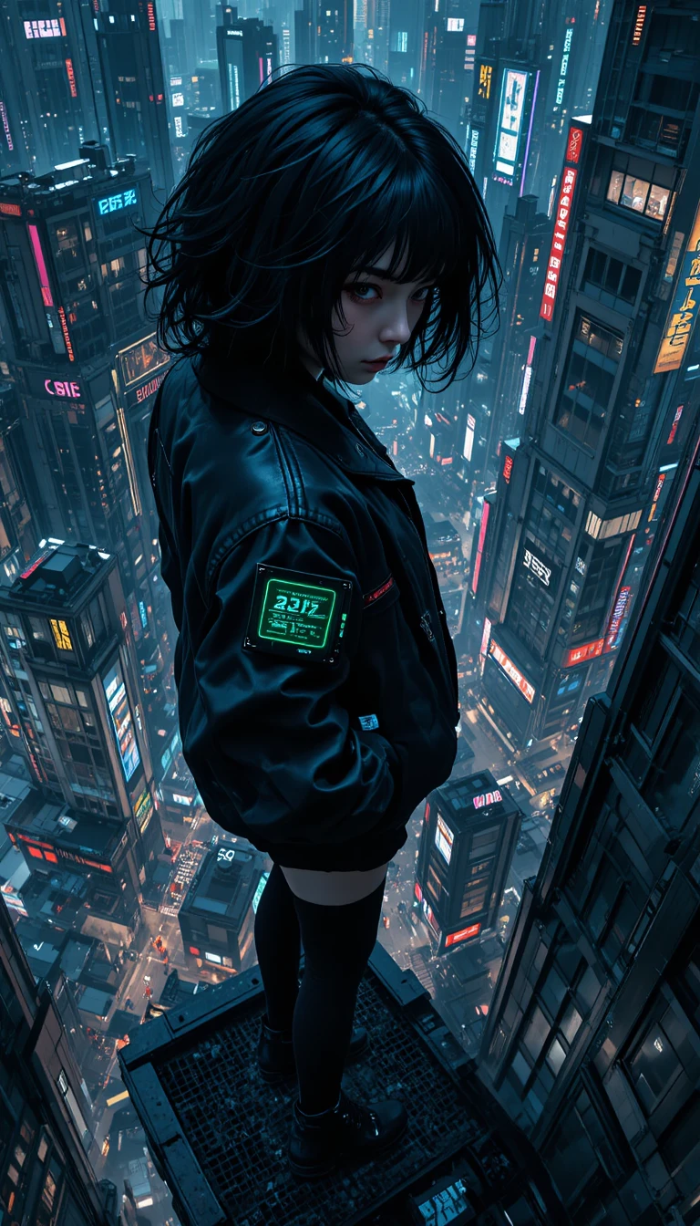 Garota gótica em uma passarela alta sobre cidade cyberpunk de neon