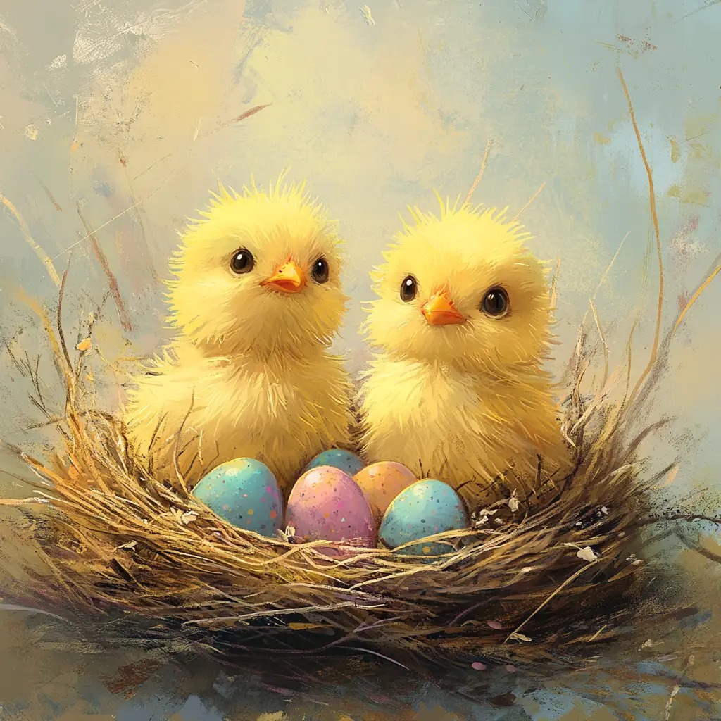 Süße gelbe Küken mit Ostereiern im Nest – Illustration