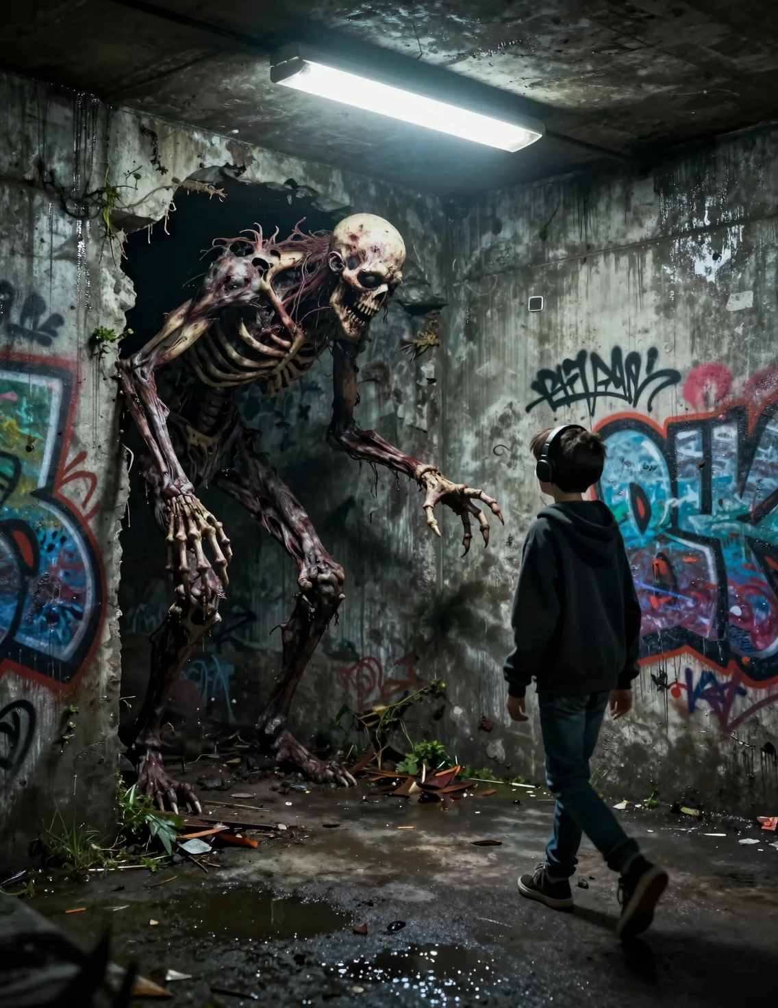Monstro esquelético persegue adolescente solitário em passagem urbana