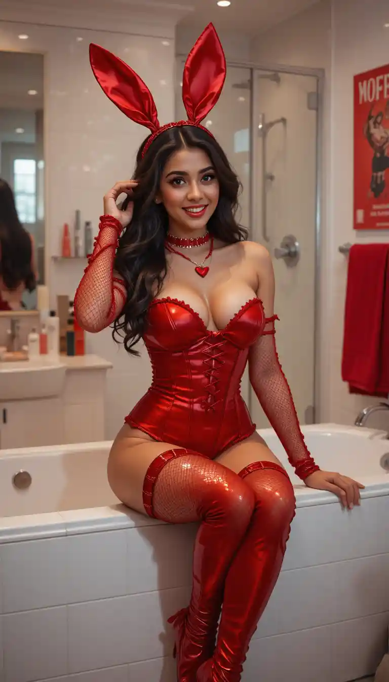 Mulher indiana com fantasia de coelho vermelha em banheiro branco