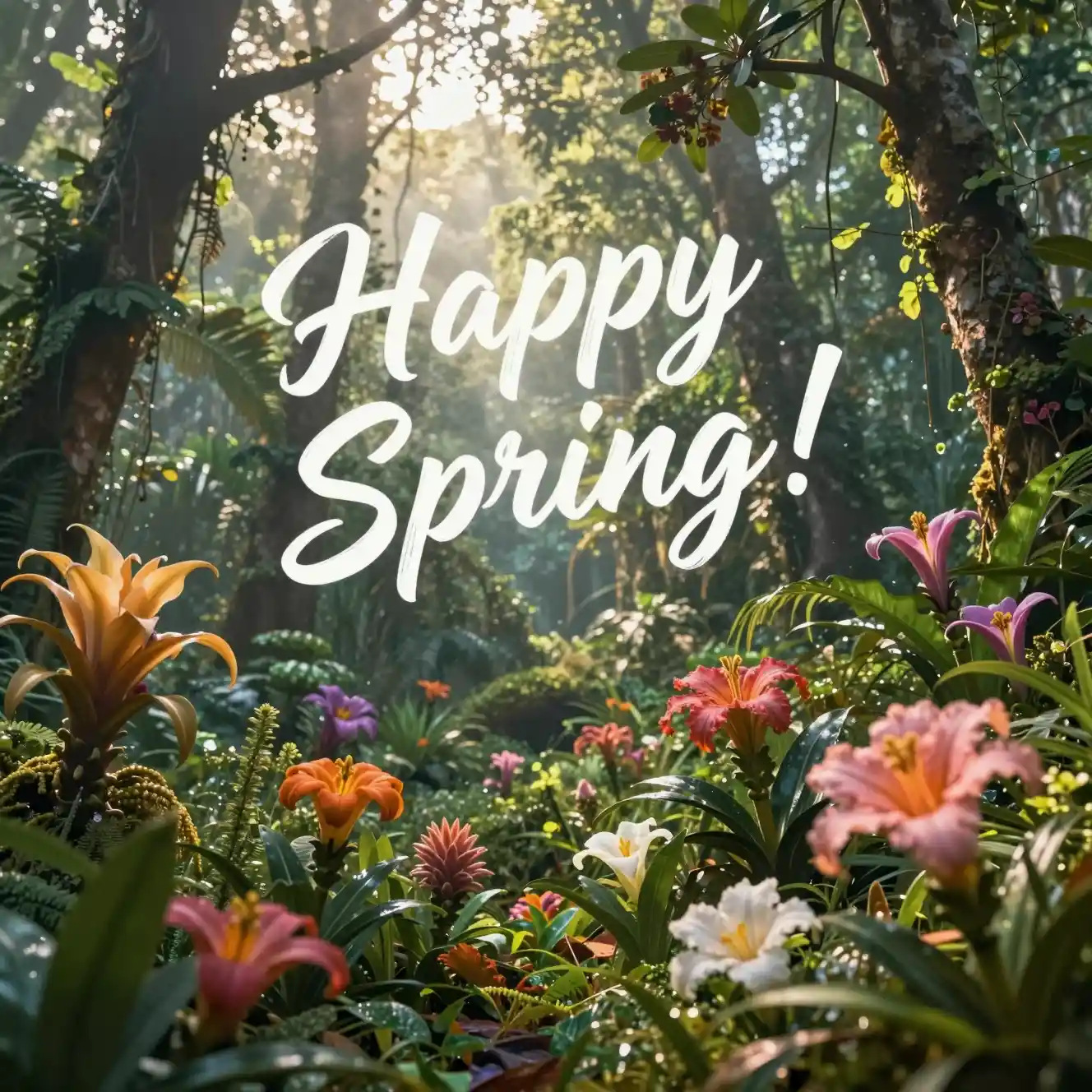 Happy spring text in a lush rainforest morning scene