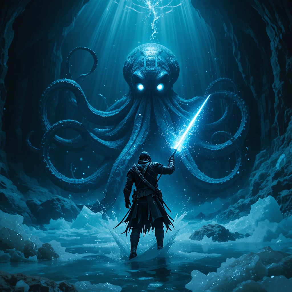 Underwater warrior confronts giant octopus beneath frozen ice