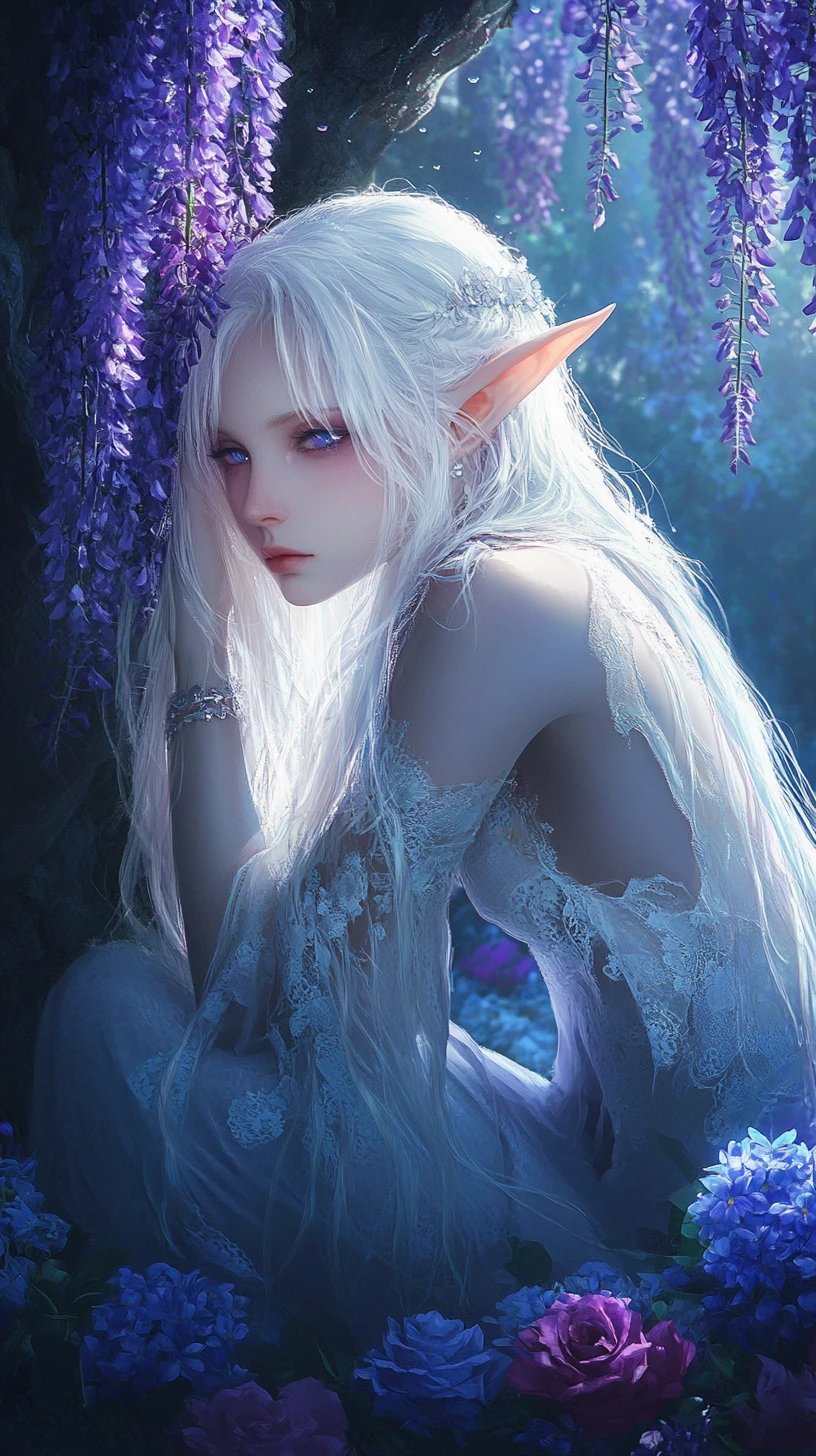 Kneeling white haired elf among glowing wisteria and roses