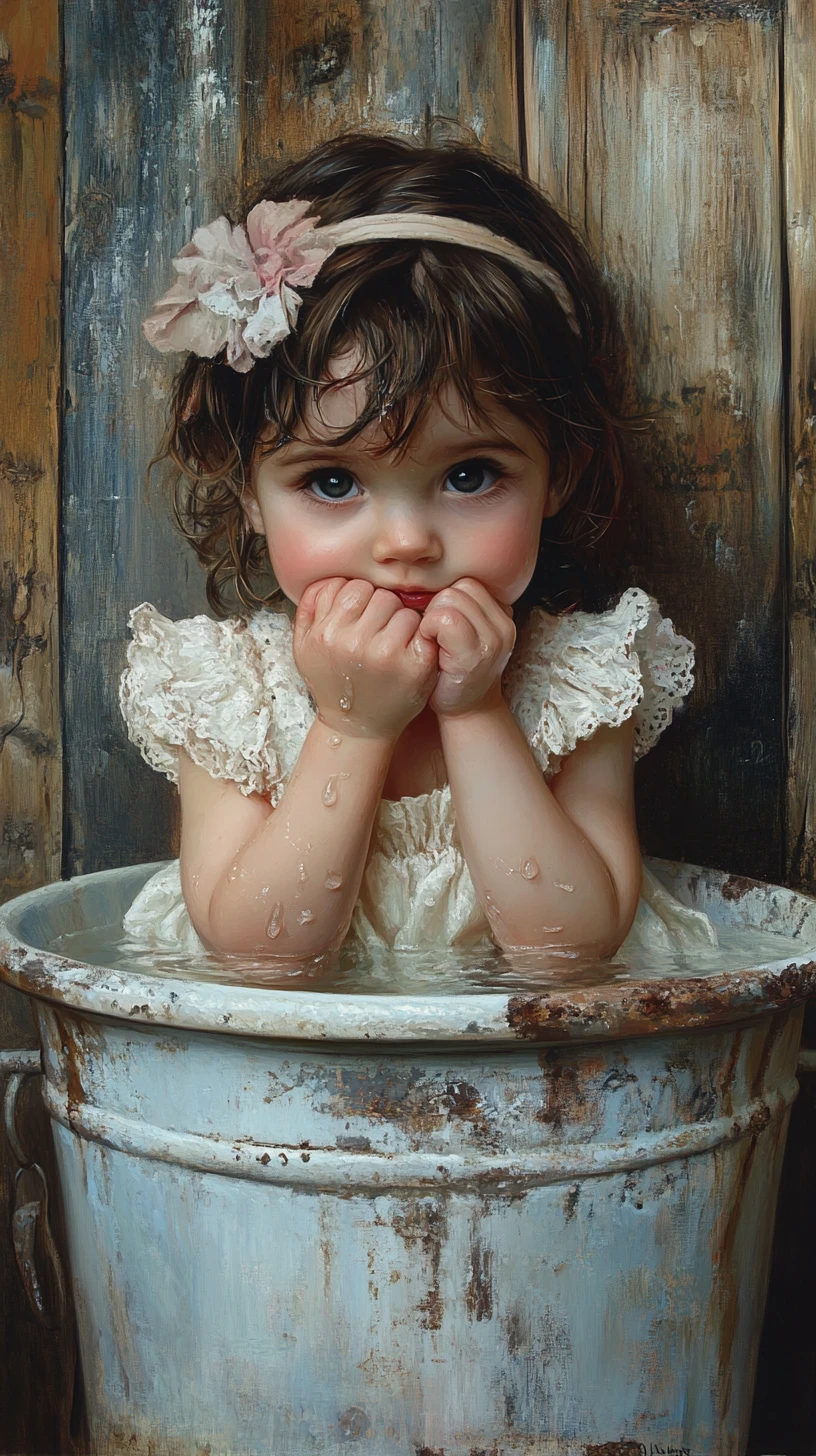 Baby girl resting her chin inside a vintage water tub