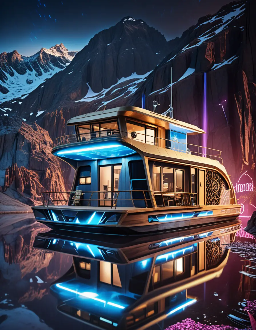 Futuristisches Luxus-Hausboot, das vor einer dunklen Berglandschaft leuchtet