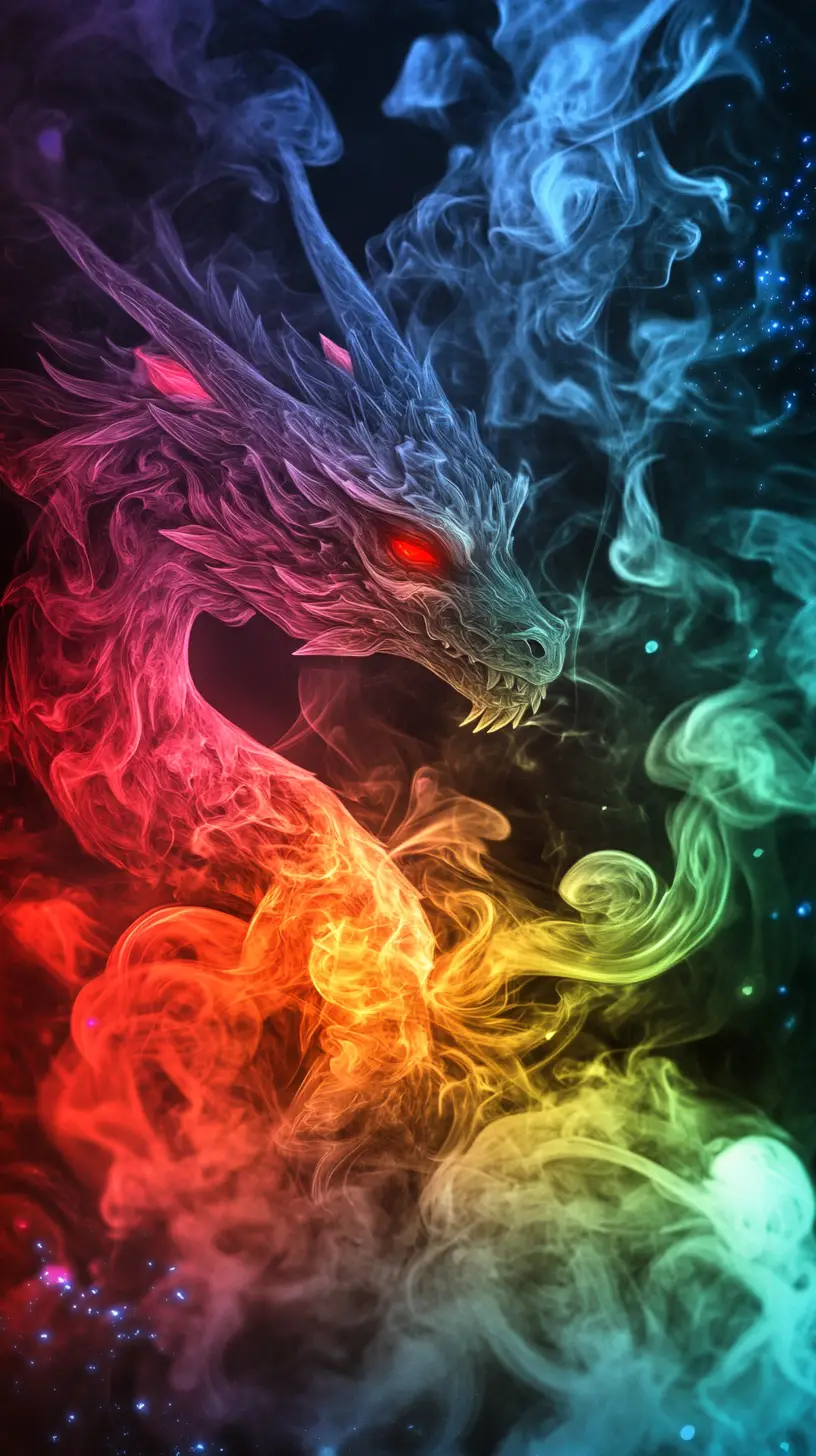 Regenbogen-Rauchdrache mit leuchtend roten Augen im Nebel