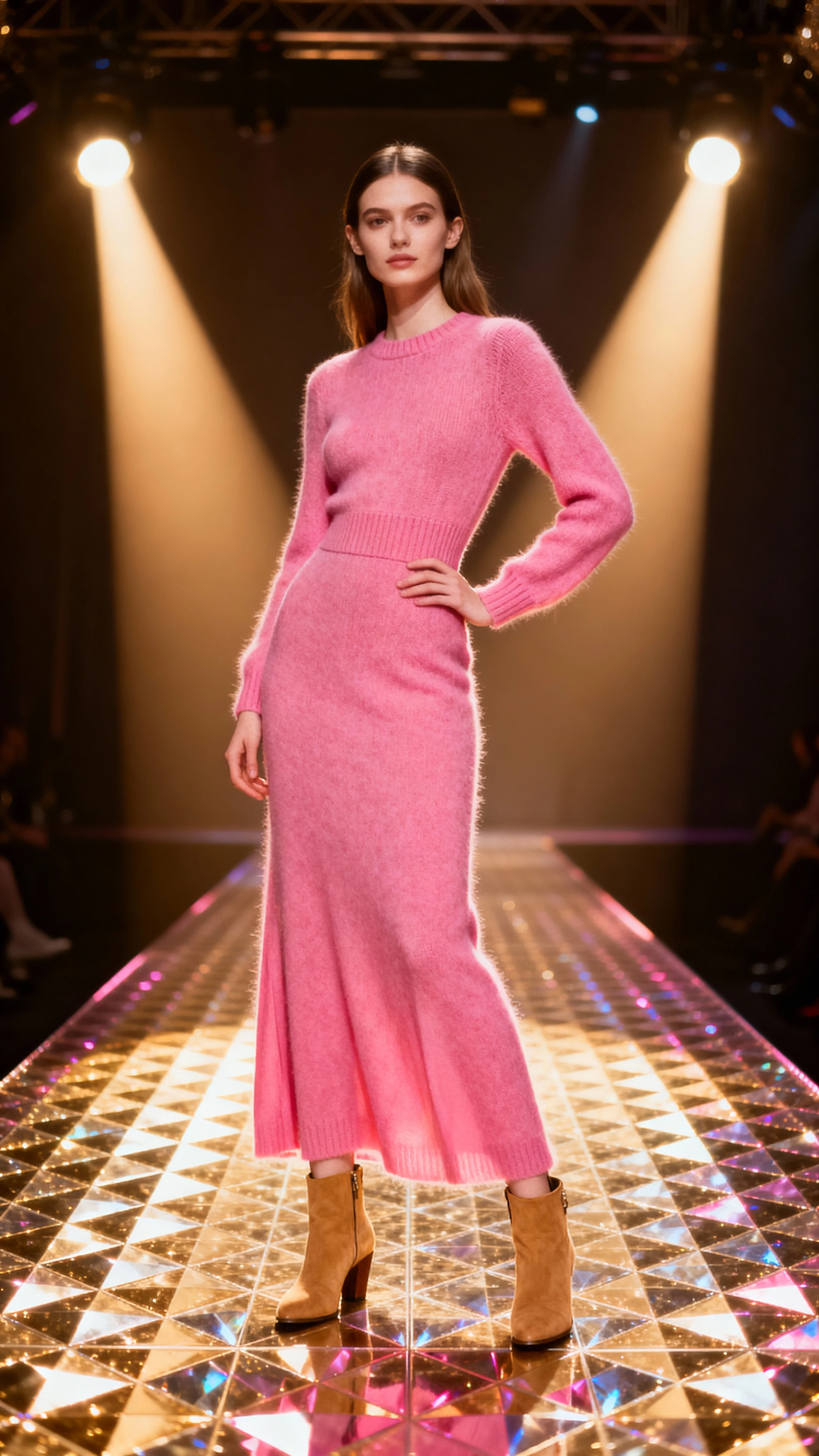 Confident woman in pink dress on a spotlight dance floor
