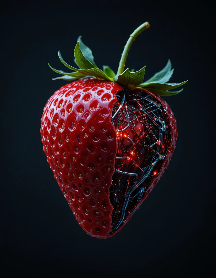 Cybernetic strawberry with exposed robotic core in darkness