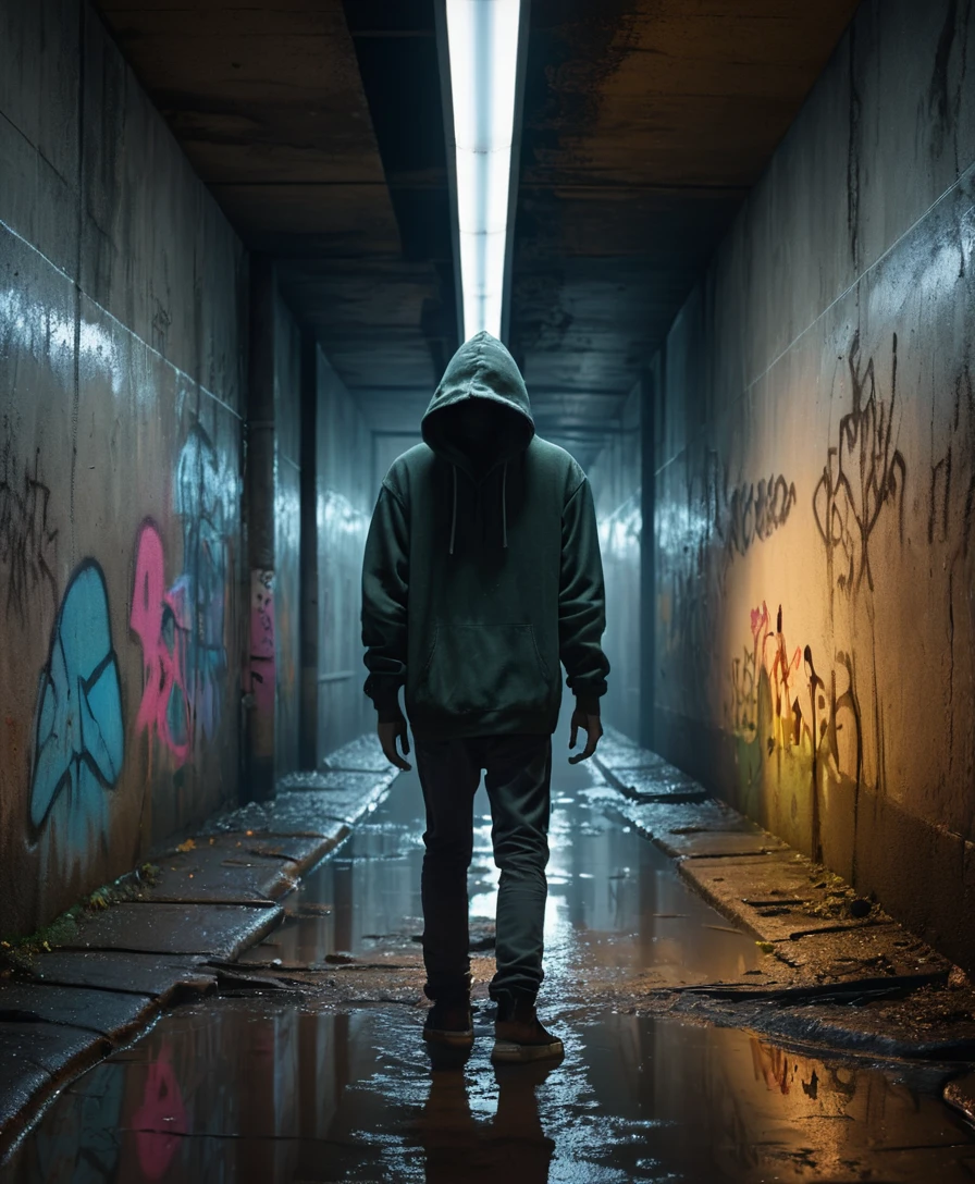 Monstro surgindo atrás de adolescente em passagem urbana