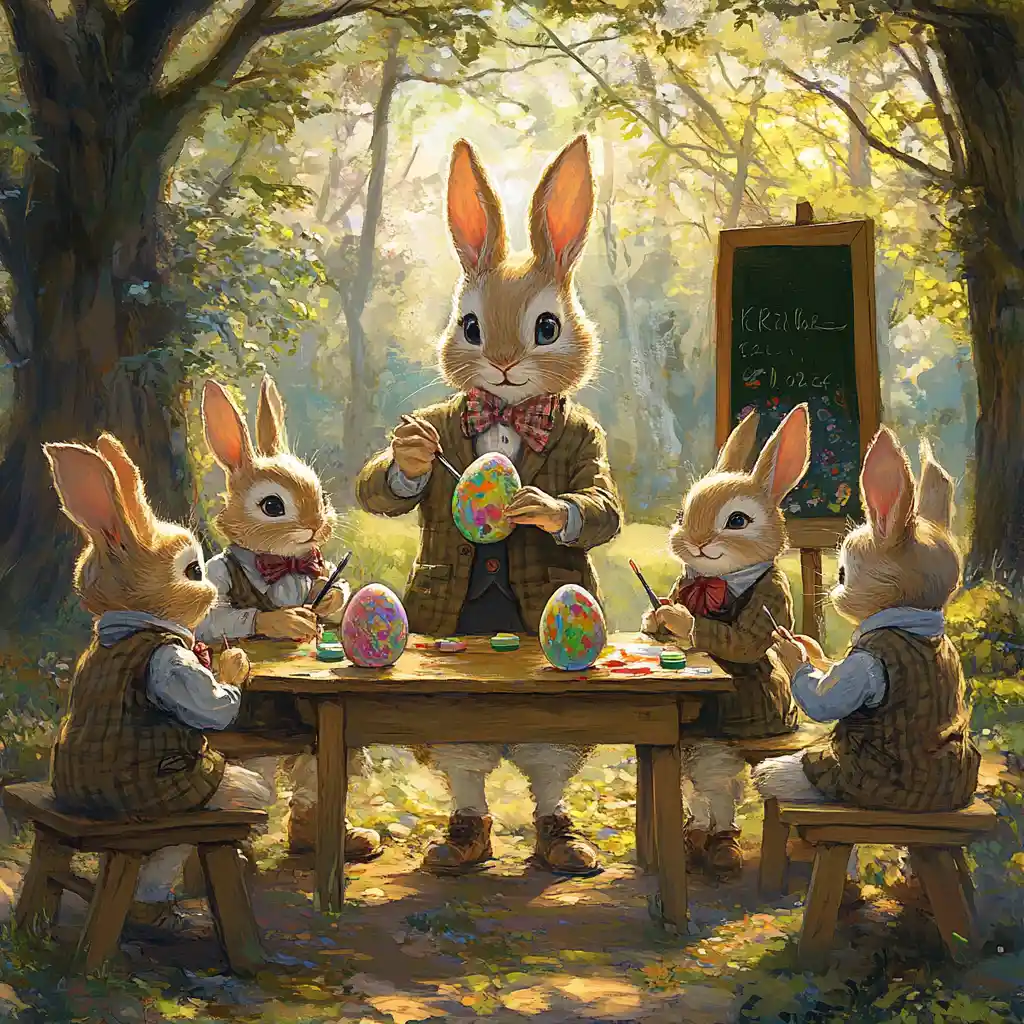 Easter rabbit school painting colorful eggs in forest