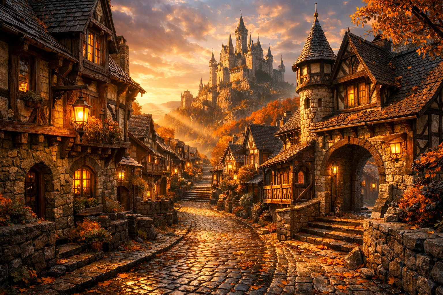 Rue pavée médiévale serpentant à travers un village fantastique baigné de soleil