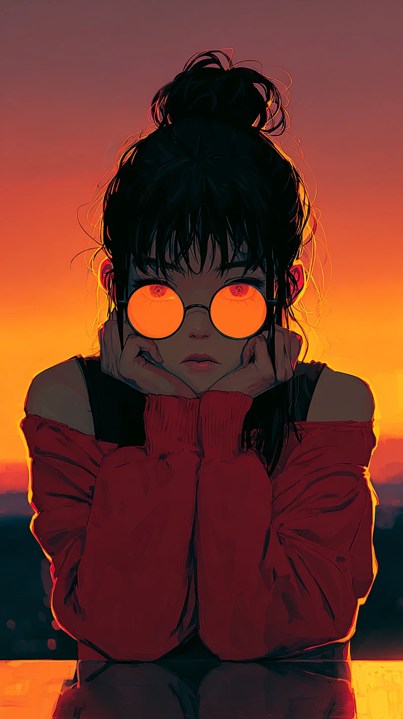 Anime woman at sunset with reflective surface portrait