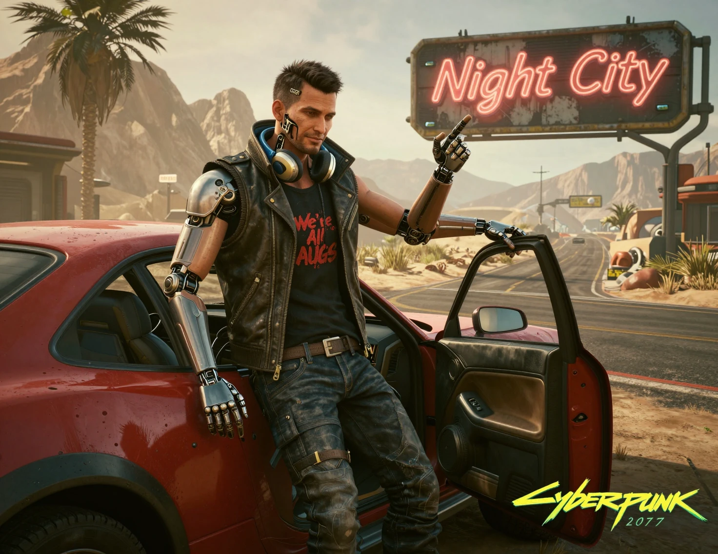 Homem cyberpunk encostado em veículo robusto de ficção científica no deserto