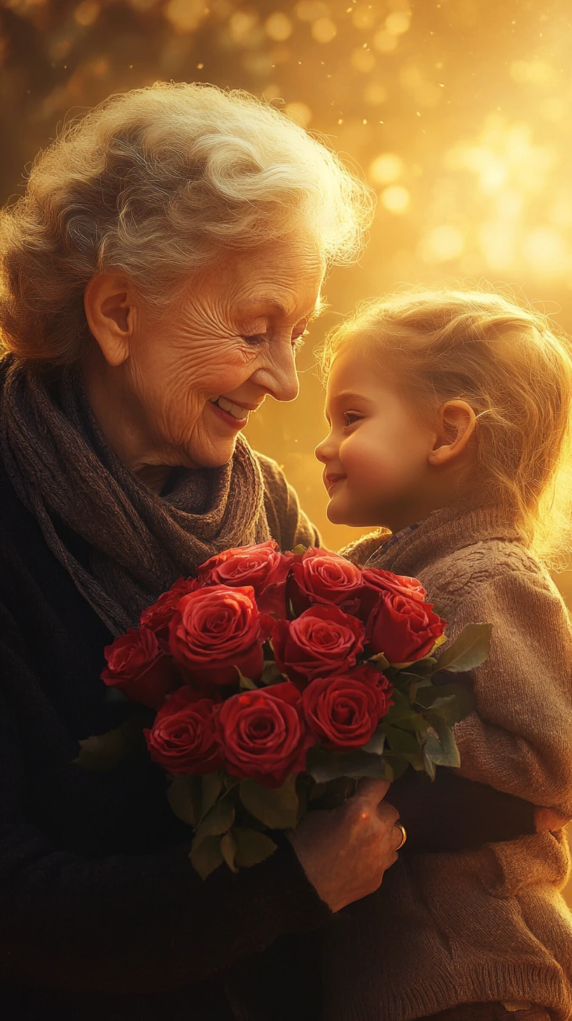 Anziana che abbraccia un bambino al tramonto con rose rosse