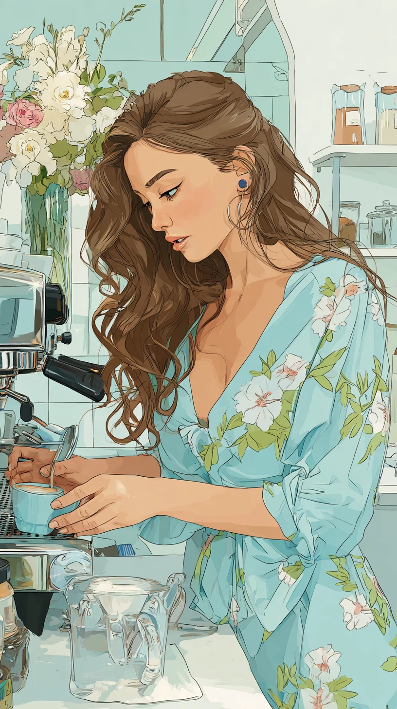 Romantic barista preparing cappuccino in a cozy coffee shop