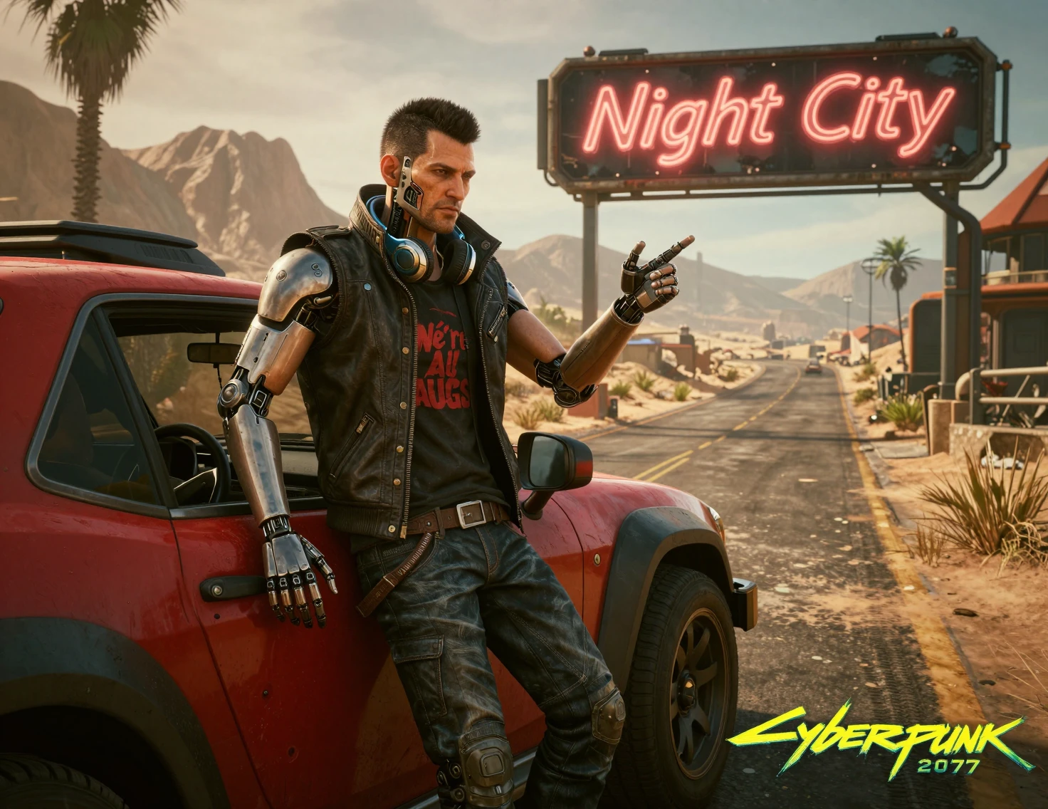 Homem ciborgue cyberpunk encostado em um carro sci-fi no deserto