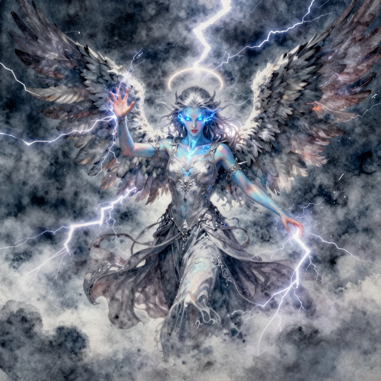 Hechicera de la tormenta con alas de relámpago en un cielo oscuro