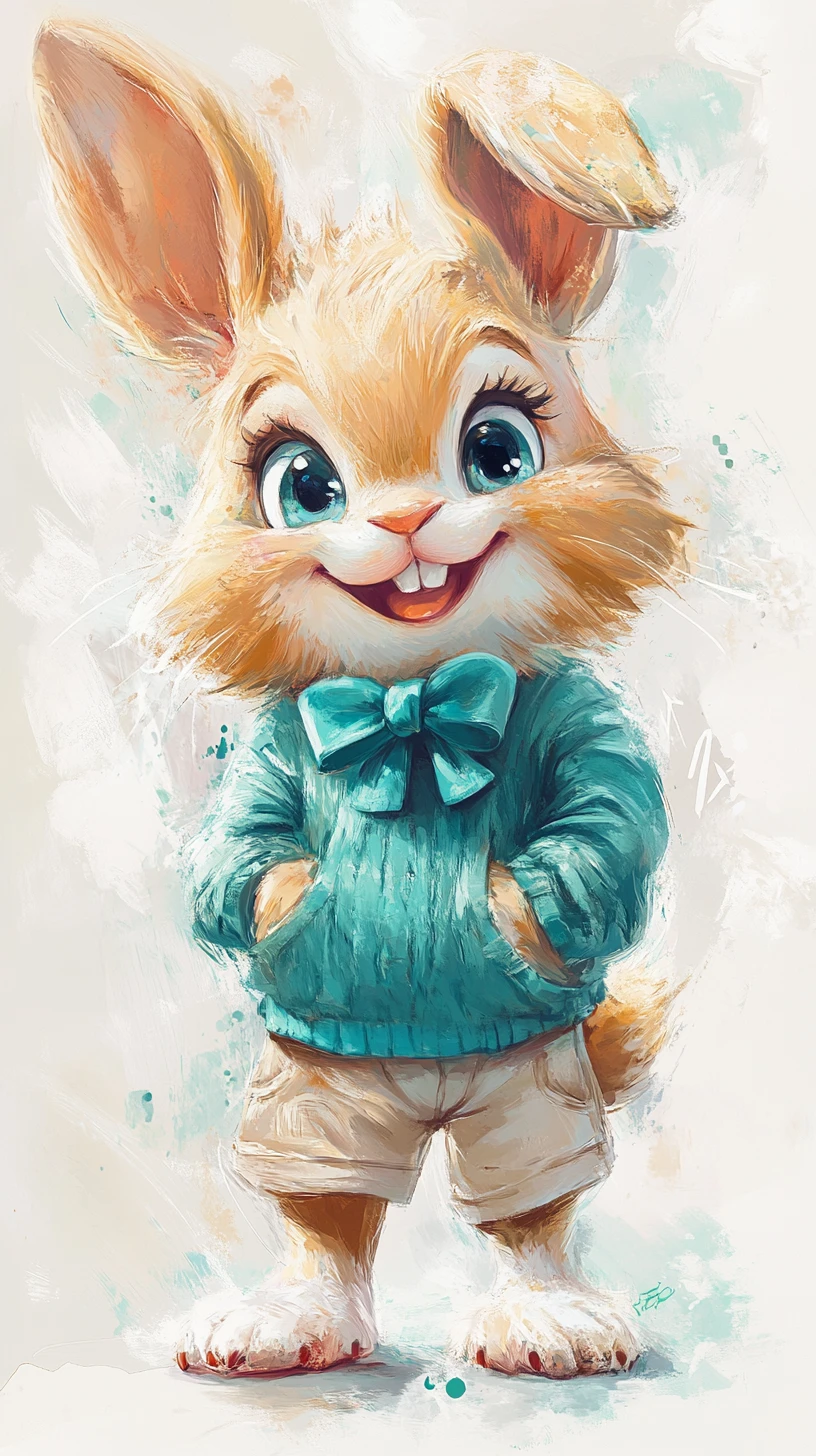 Adorable lapin punk en pull bleu sarcelle avec éclaboussures d’aquarelle