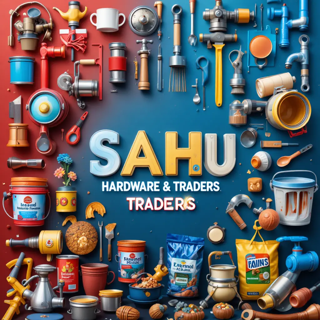 Hardware shop banner with tools paints and household items