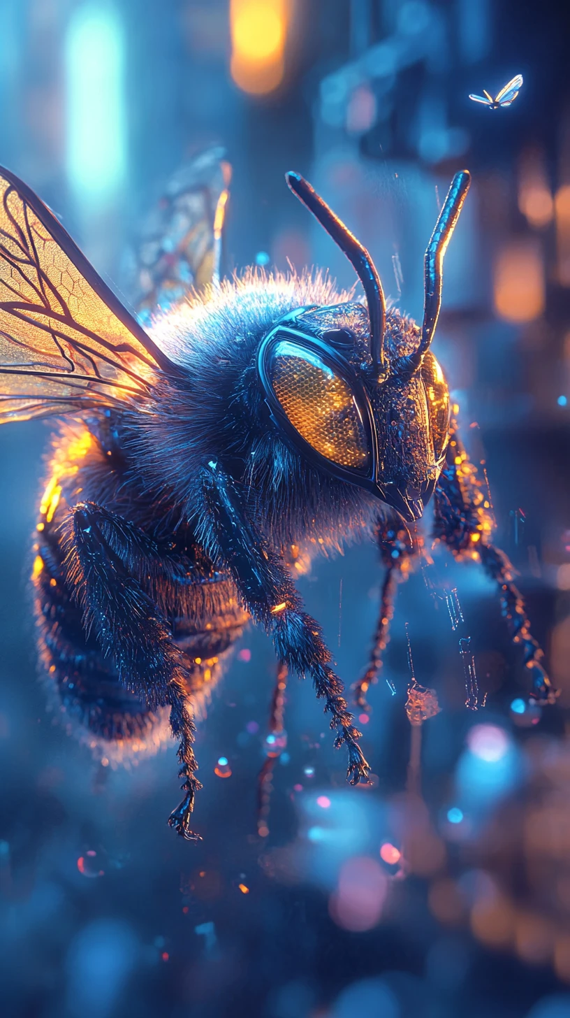 Surreal cybernetic bee against a neon dystopian horizon