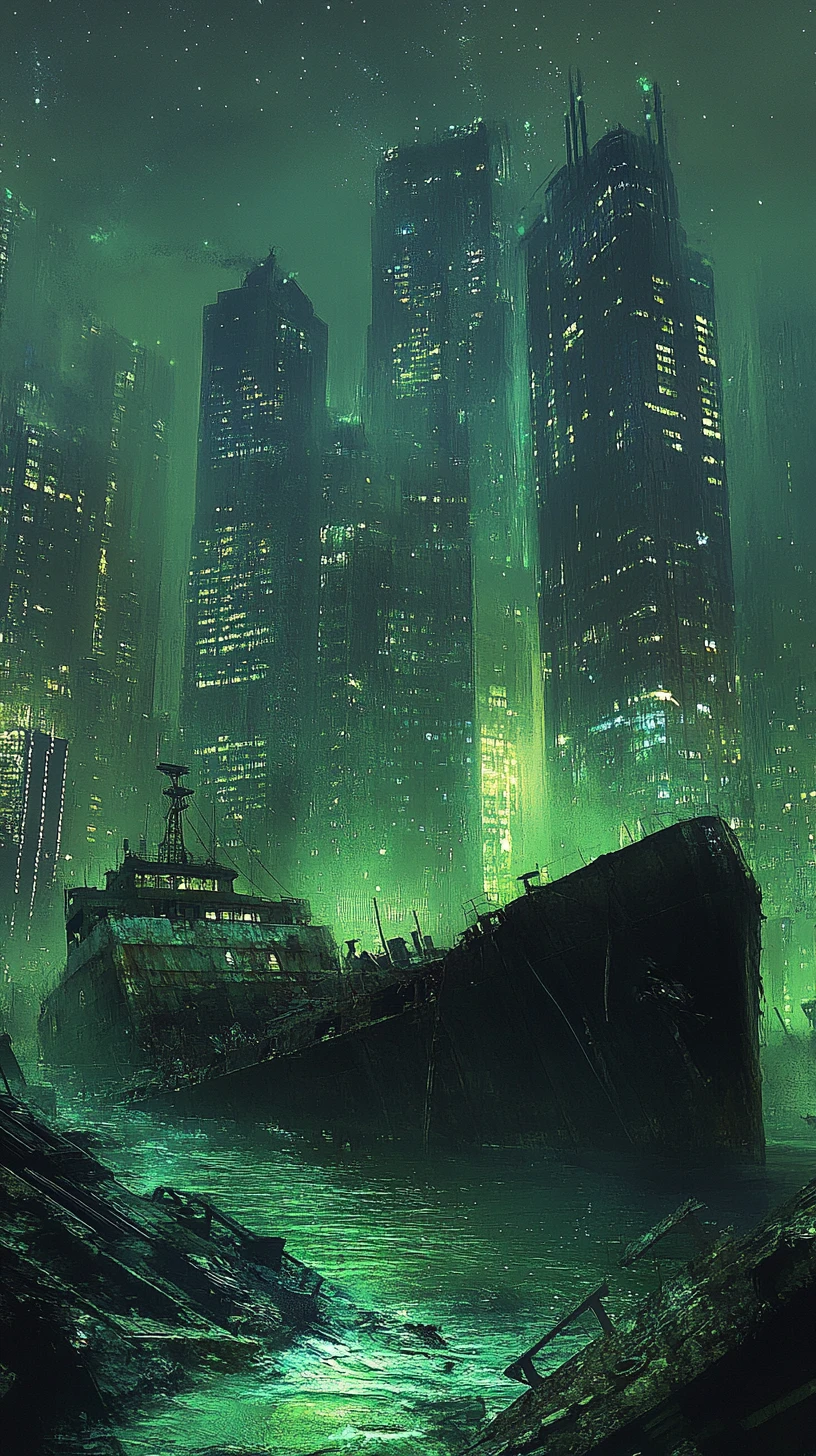 Post apocalyptic city at night with sunken cargo ship