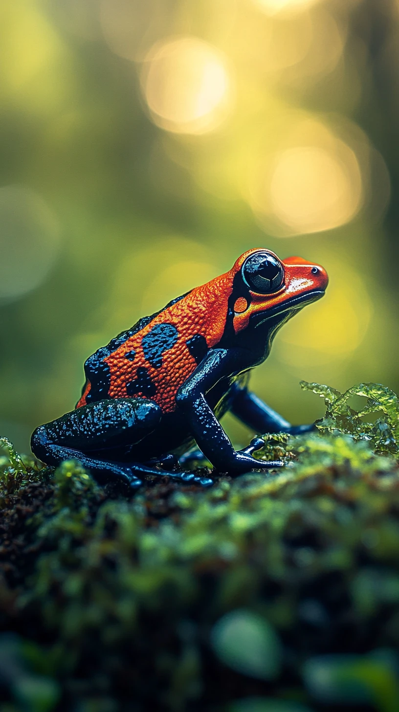 Sapo venenoso colorido em chão de selva coberto de musgo
