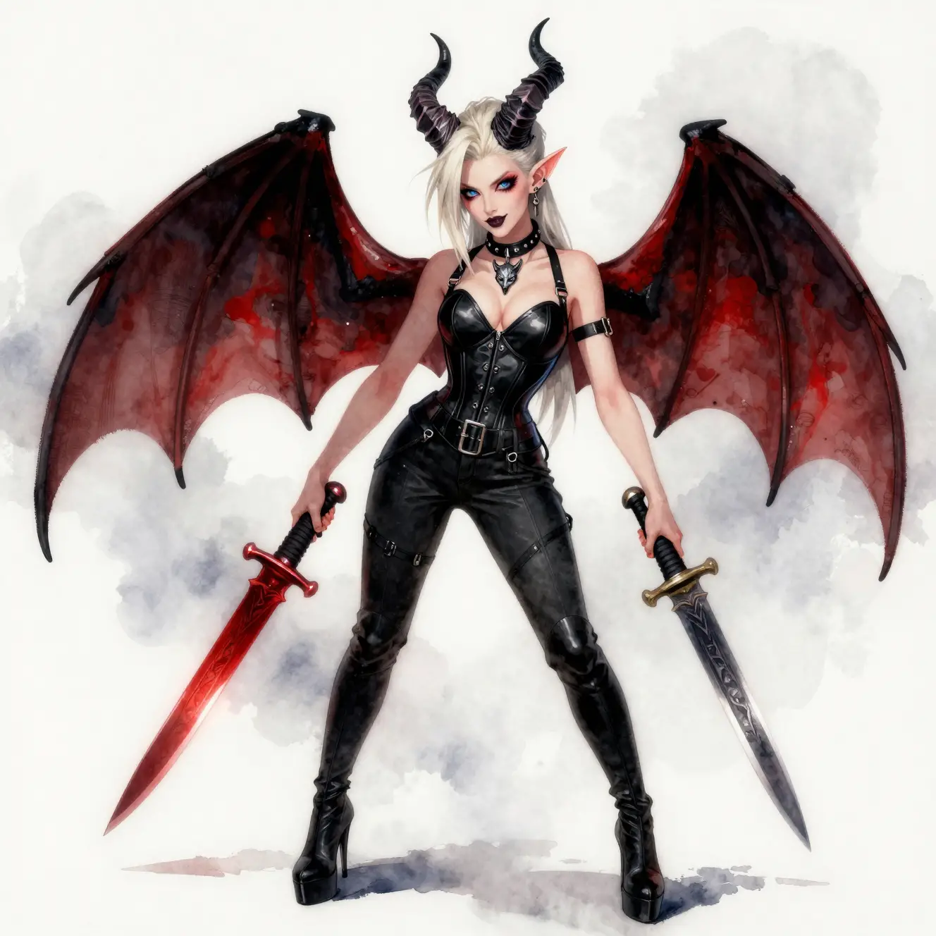 Tiefling pálida com facas e asas demoníacas de morcego