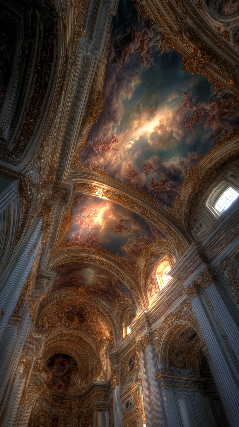 Soffitto di cattedrale barocca con affresco dorato e angeli