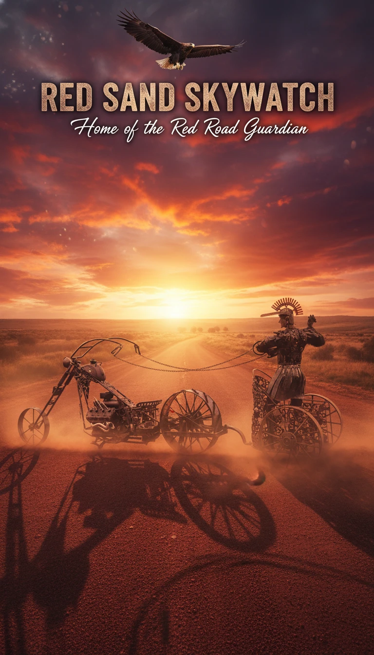 Aquila che Vola sopra una Strada Rossa nel Deserto al Tramonto