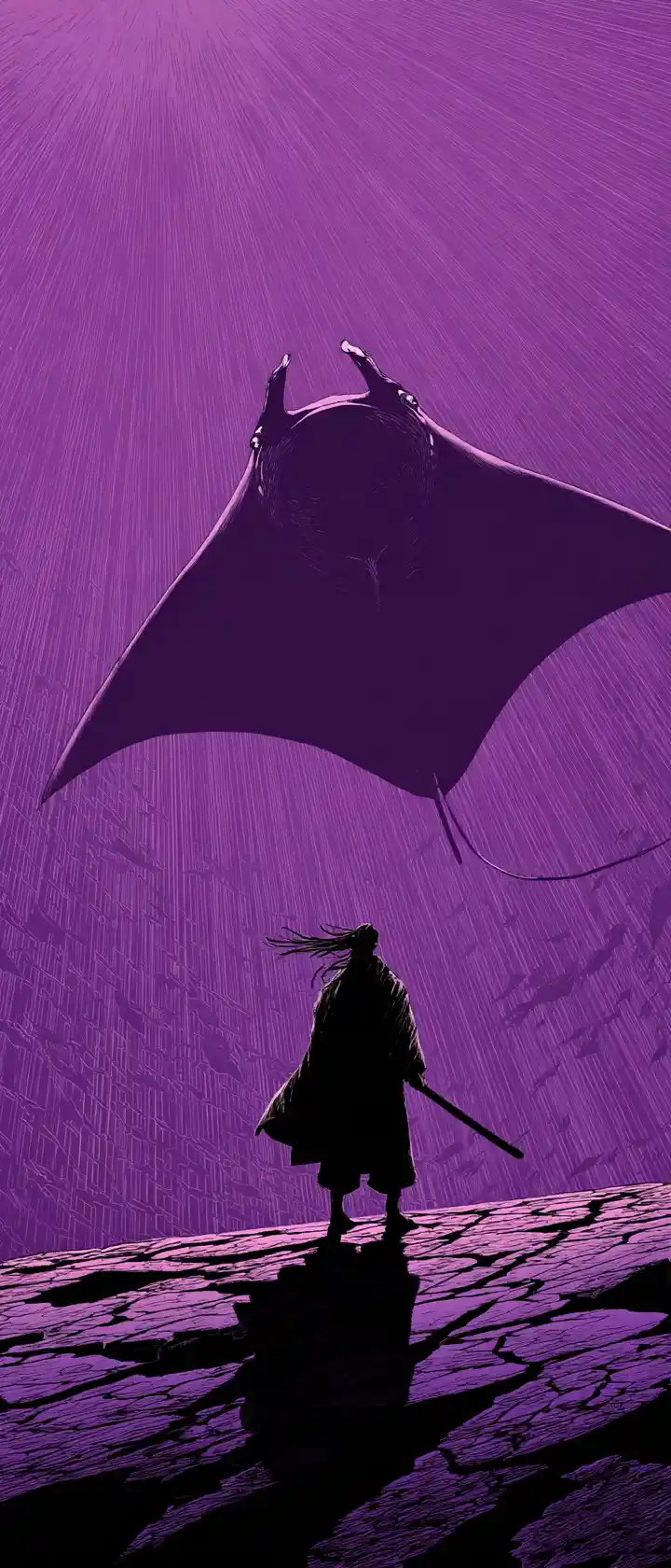Lone warrior under a giant manta ray in sky